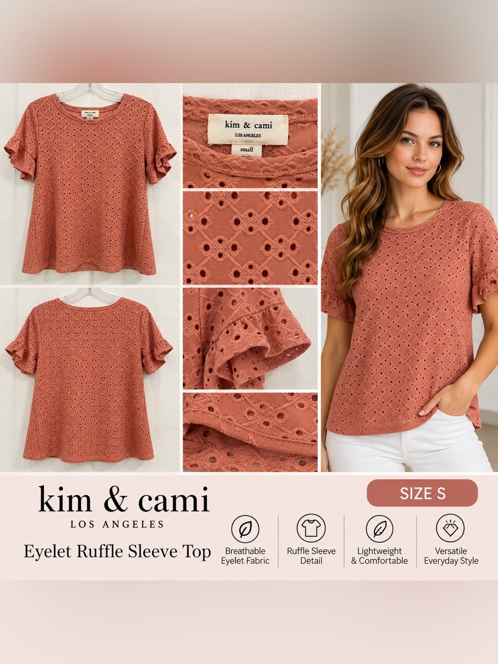 Kim & Cami Rust Eyelet Ruffle Sleeve Tee